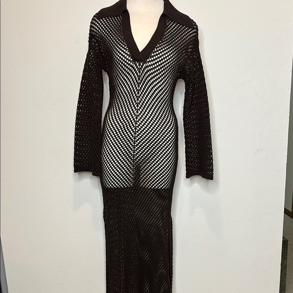 A.L.C. Size XS Brown Bodycon Maxi Dress with Long Bell Sleeves and V-Neck